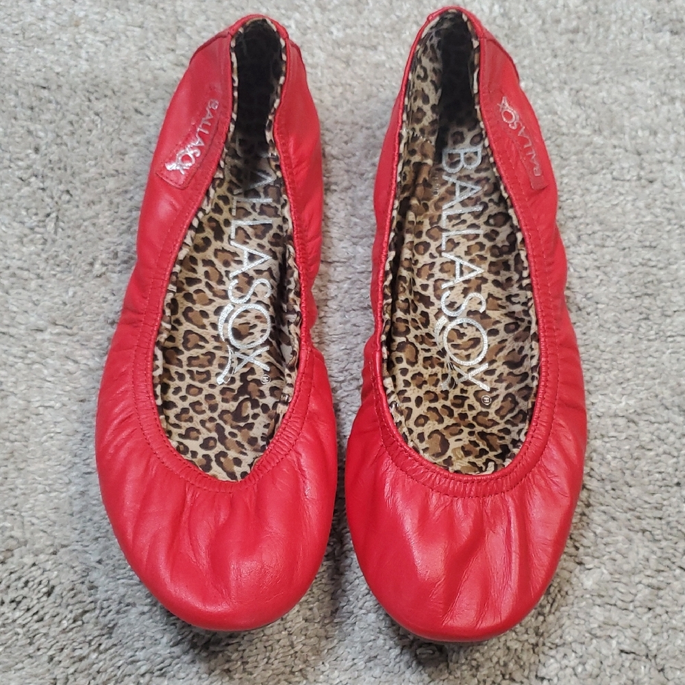 Ballasox Red Slip On Ballet Flats. Leopard Print Lining. Size 6